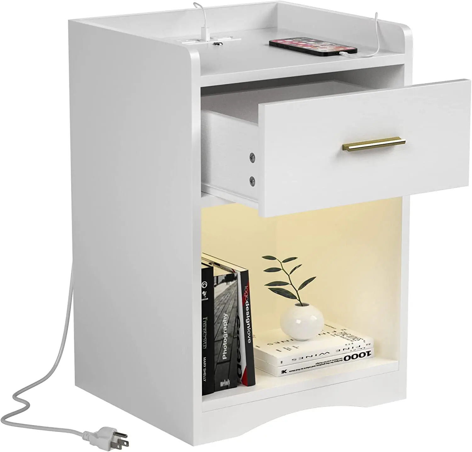Led Nightstand with Charging Station Two Usb Ports and Outlets Bedside Table Home Furniture Package Bedroom Furniture White