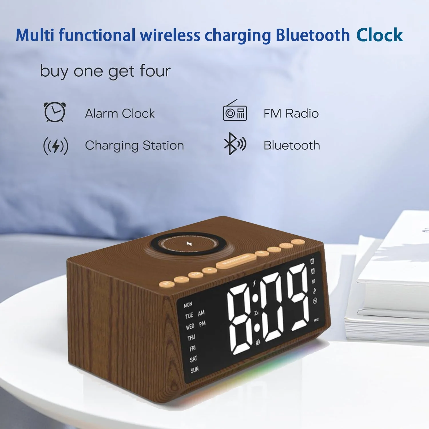 Wholesale Bedside Bt Wooden Clock With Fm Radio 15W Wireless Charging Station Alarm Clock With Speaker