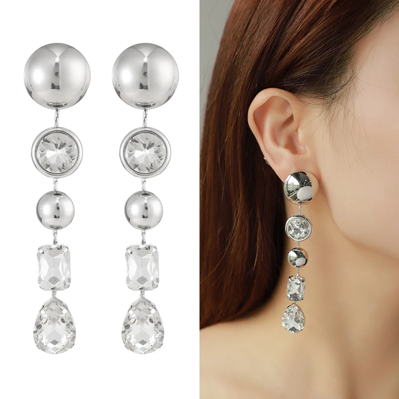 Exaggerated Shiny Bling Women Party Accessories big earrings long drop dangle ball earrings glass silver ball drop earring