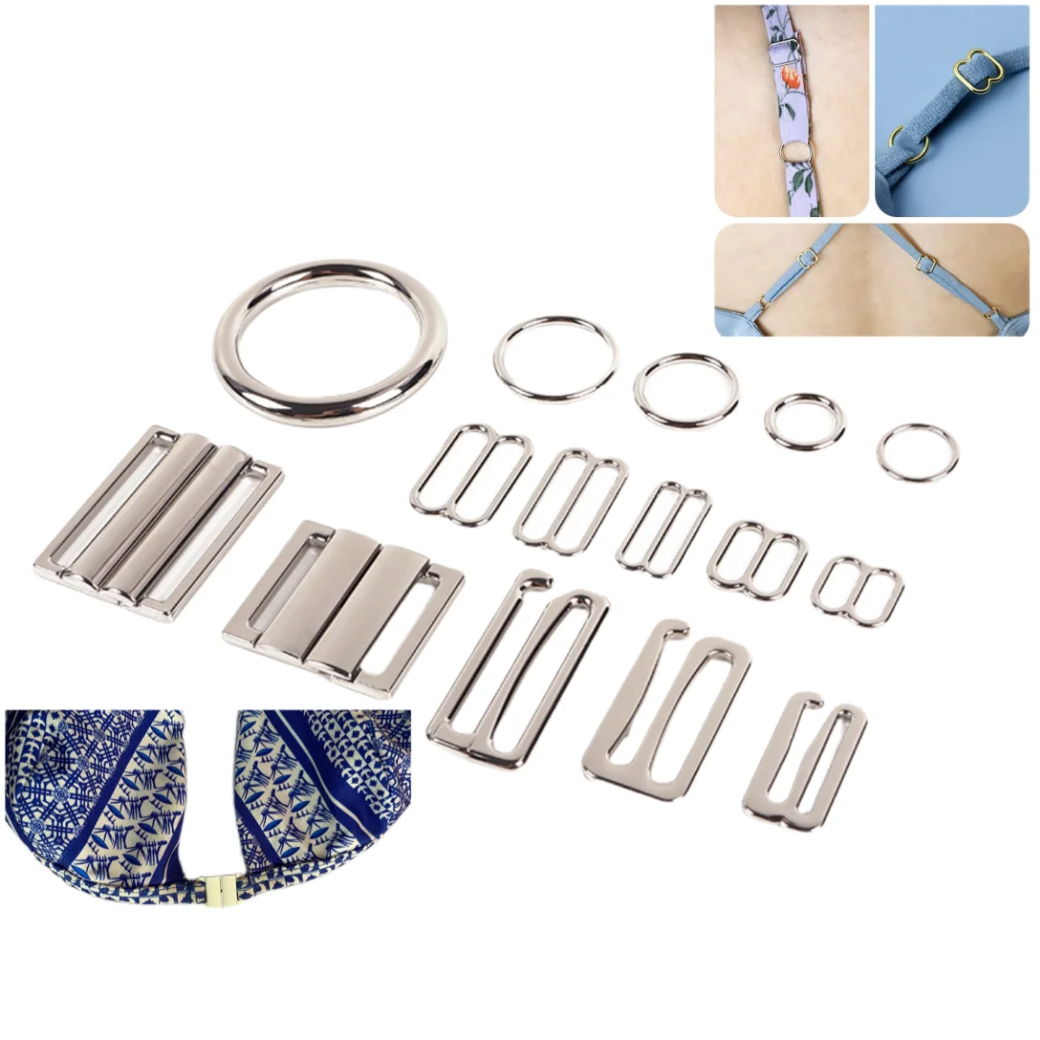6mm 12mm 15mm Silver Swimwear Strap Rings Sliders And Hooks Zinc Alloy Bra Front Buckle