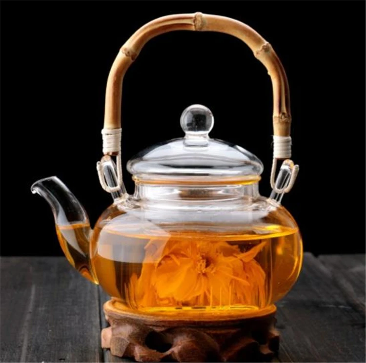 20oz 600ml Transparent Borosilicate Glass Teapot with Classic Antique Bamboo Handle Heat-Resistant Coffee Drinkware Set