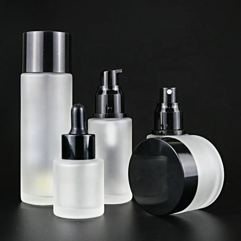 
30ml 40ml 50ml 80ml 100ml 120ml Cosmetic glass frosted lotion cream bottle set with gold/sliver/glack/white cover 