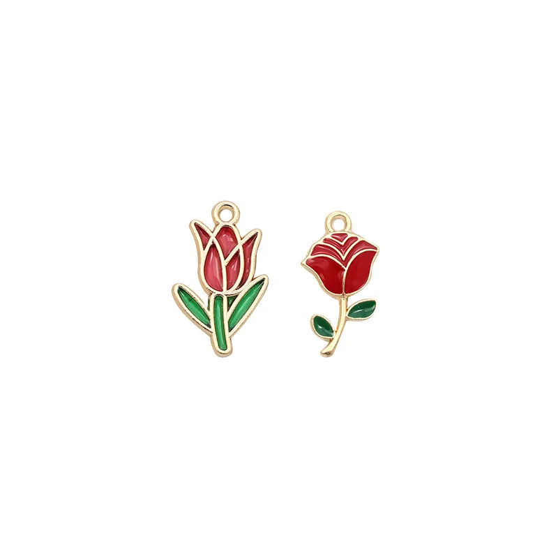 New Fashion Jewelry Gold Plated Metal Accessories Enamel Rose Flower Charm Pendant for Necklace Bracelet Jewelry Making