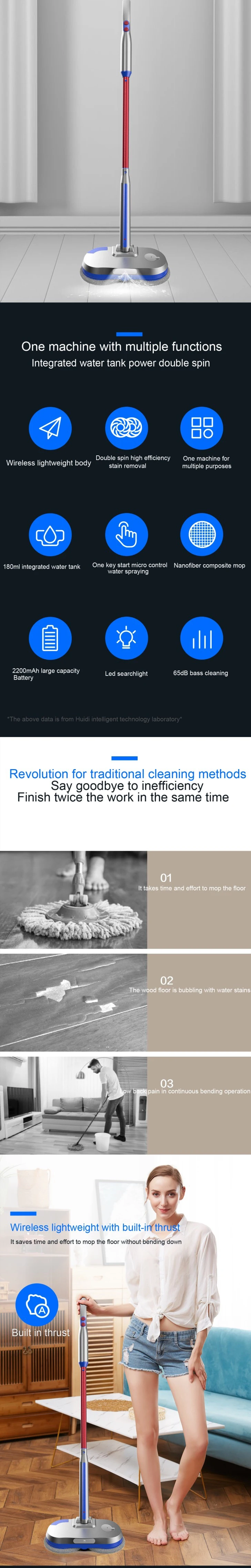 Easy rechargeable Battery Operated Cotton Thread Handle Switch Water Spin Rotating Floor Cleaner Electric Mopping