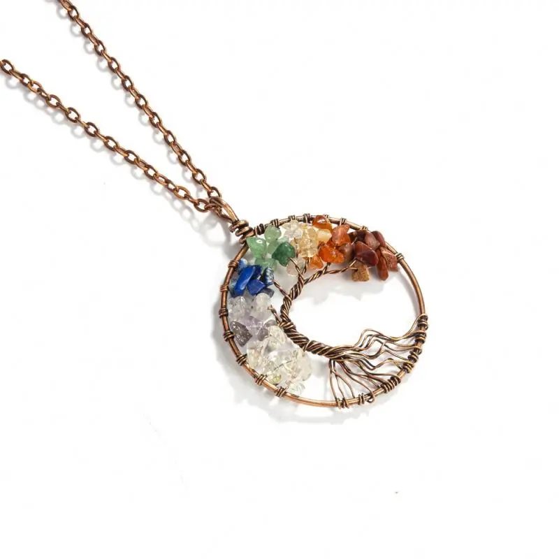 7 Chakra Energy Crystal Pendant Necklace Natural Gemstone Stone Copper Wire Wrapped Healing Crystal Wisdom Life Tree Pendant