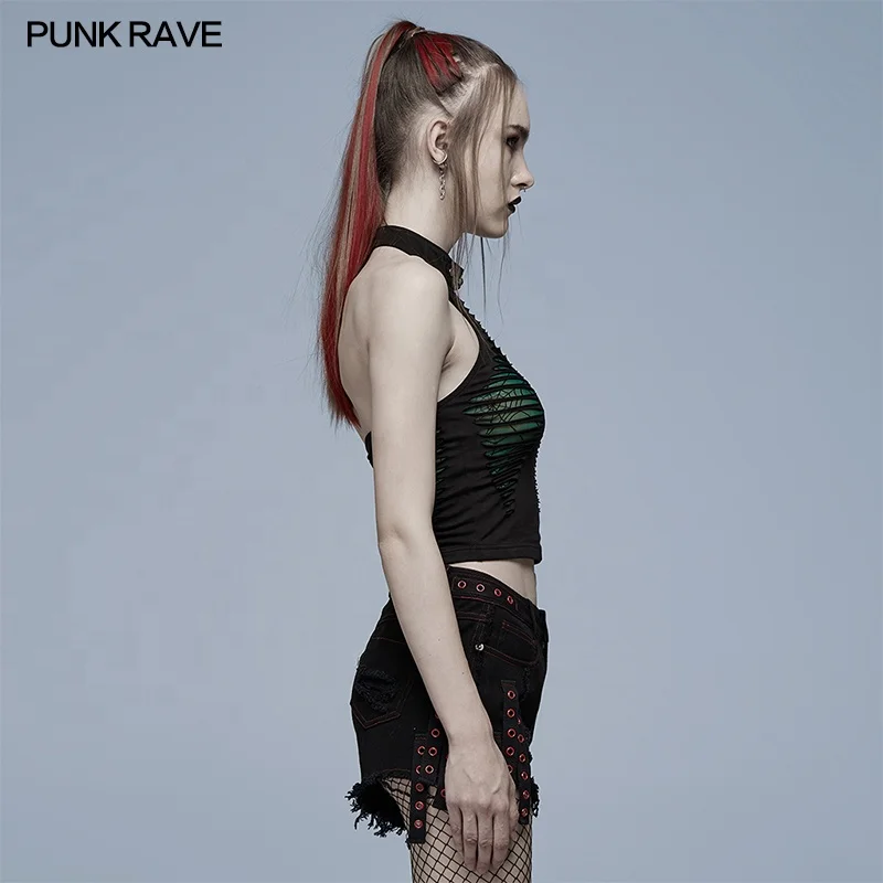 Punk Rave WT-712BXF Gothic knitted ragged woman tops off shoulder halter next sexy spring summer T-shirt woman crop top
