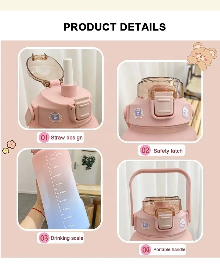 Big Aesthetic Summer Sport 2 l Water Bottle Private Label Unique Plastic China Wholesale Children Water Bottle With Straw