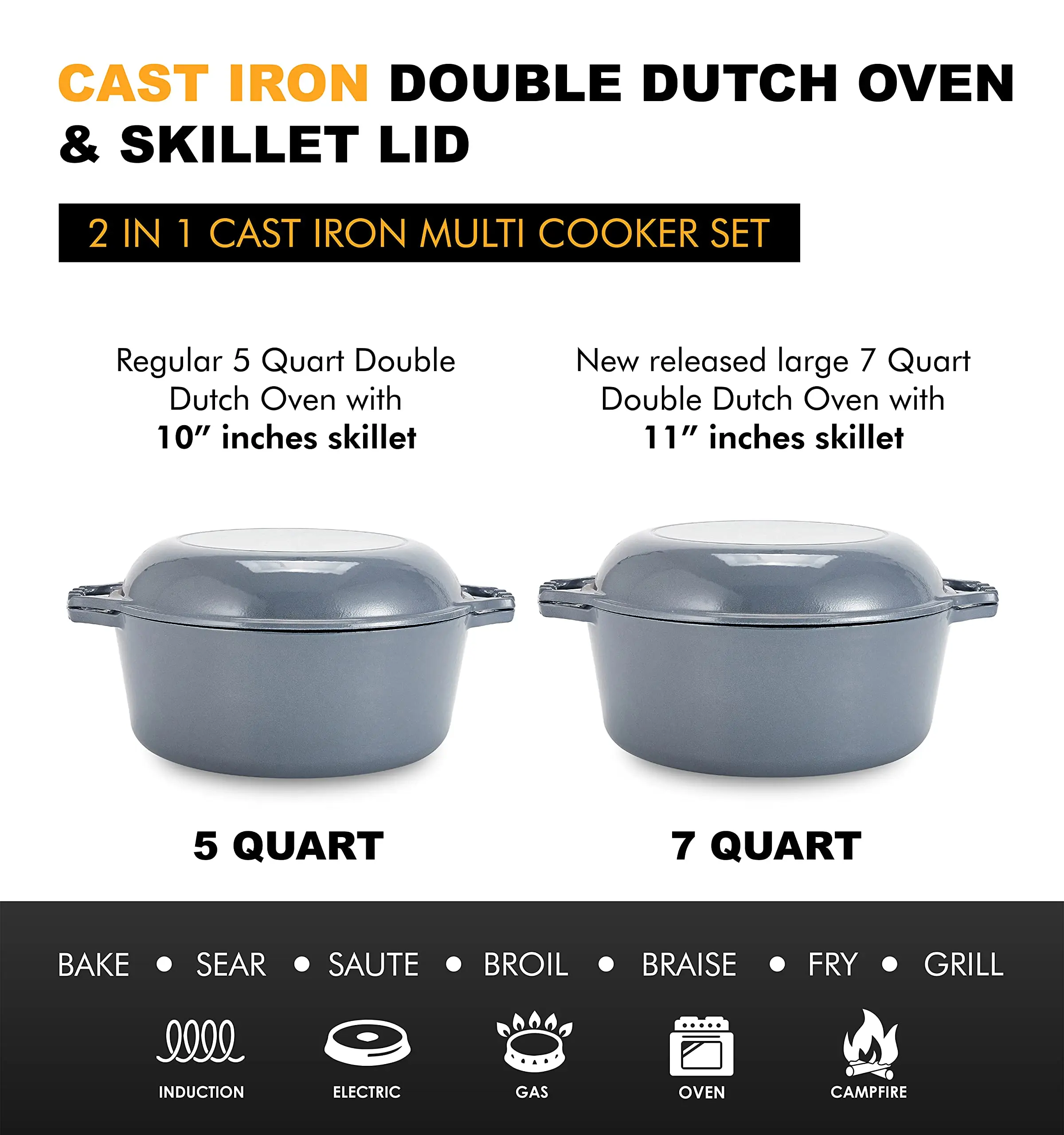 Multifunction Outdoor 2 In 1  Cast Iron Double Dutch Oven  Skillet Frying Roasting Pan Pot Cooker Set Cookware Soup & Stock Pot