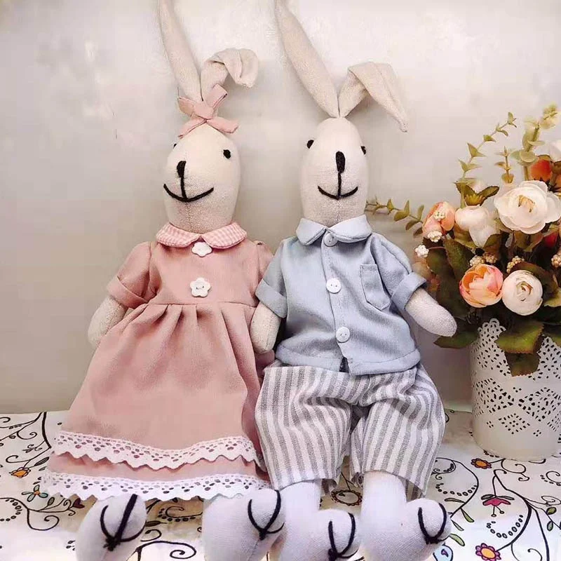 Linen rabbit cotton fabric dolls bunny with jean&cotton cloth doll baby gift