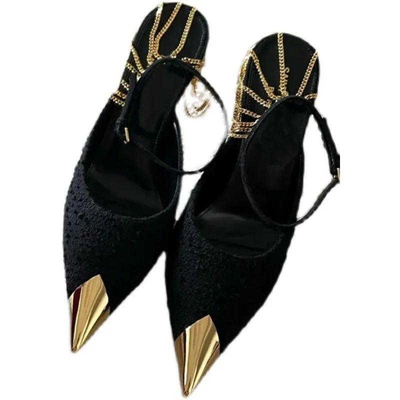 rose Park Chae-young with the same high heels 22 early spring black sexy metal pointed thin heel shoes hollow sandals female