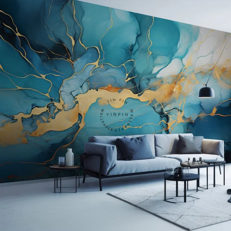 Blue and gold marble wall art wallpaper abstract modern mural