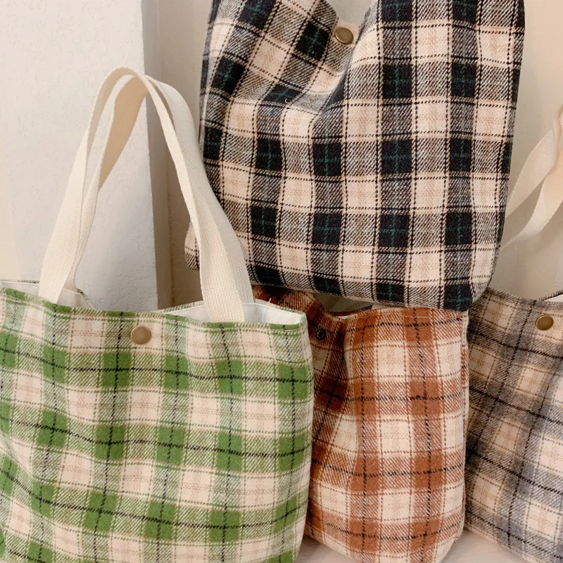 2021 new style literary cloth plaid bag simple plaid cloth bag canvas Tote bag