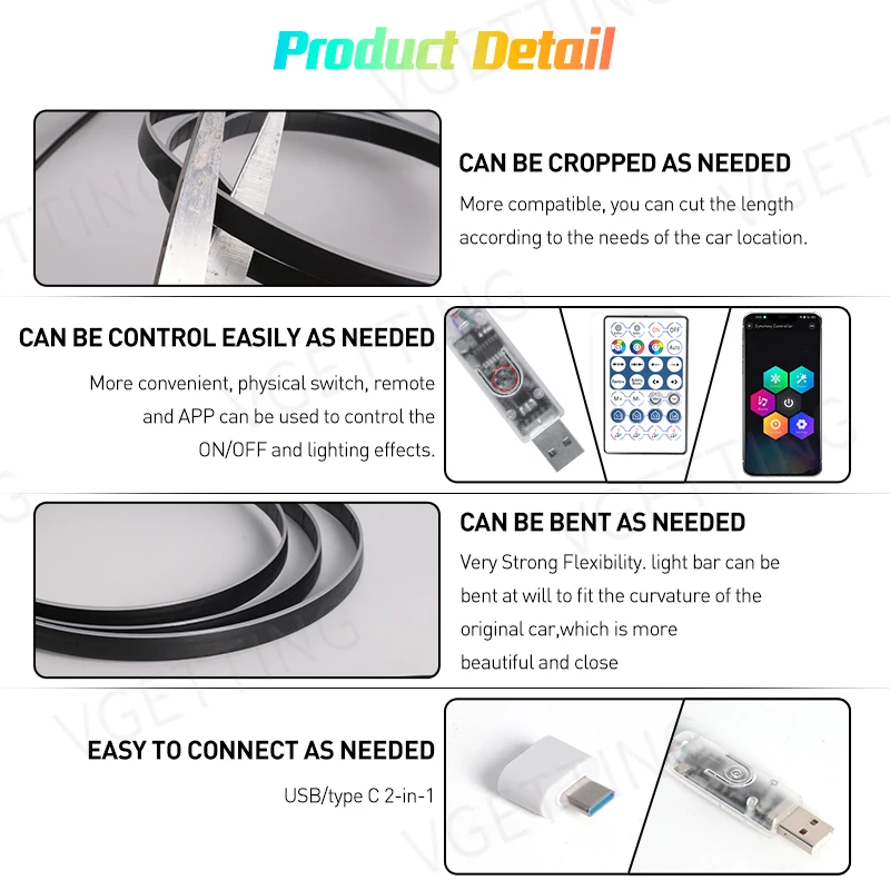 App Control 1in1 2in1 Auto RGB Decor Lamp Flexible Acrylic Fiber Optic Interior Symphony Car LED Neon Ambient Light Strip Kit
