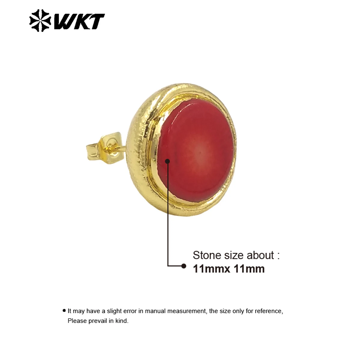 WT-MPE138 2024 Latest Models Cute Stylish 18K Gold Plated Natural Brass Red Coral Round Earrings For Women As Birthday Gifts