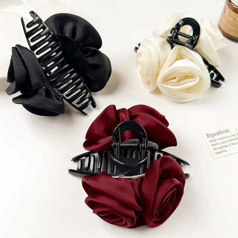 Korean Fabric Rose Flower  Claw Clips Sweet Half-tied Hair Clips Elegant Black Color Shark Hair Claws Women Hair Accessories