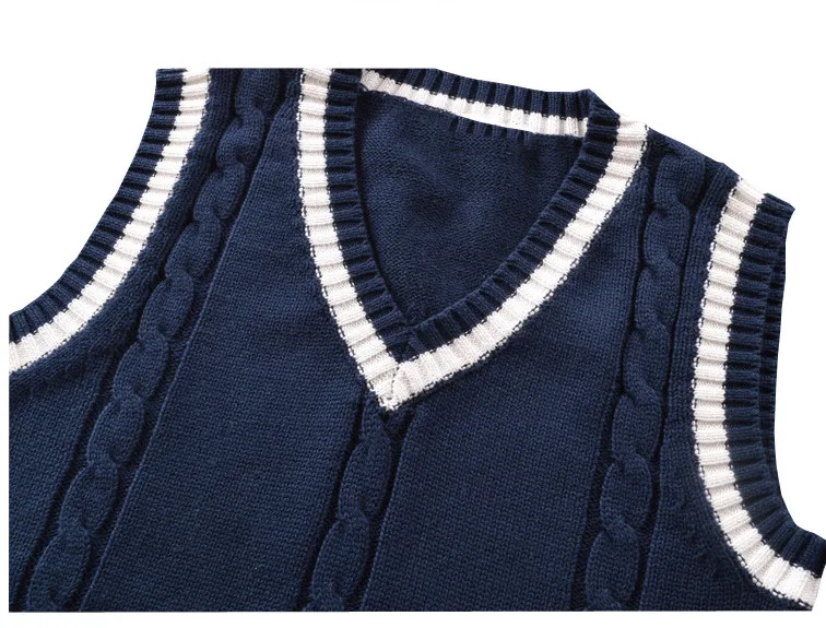 Nanteng Custom Manufacturer 100% Cotton Preppy Chic V-Neck Solid Color New School Uniform Knitwear Men Pullover Vest Sweater