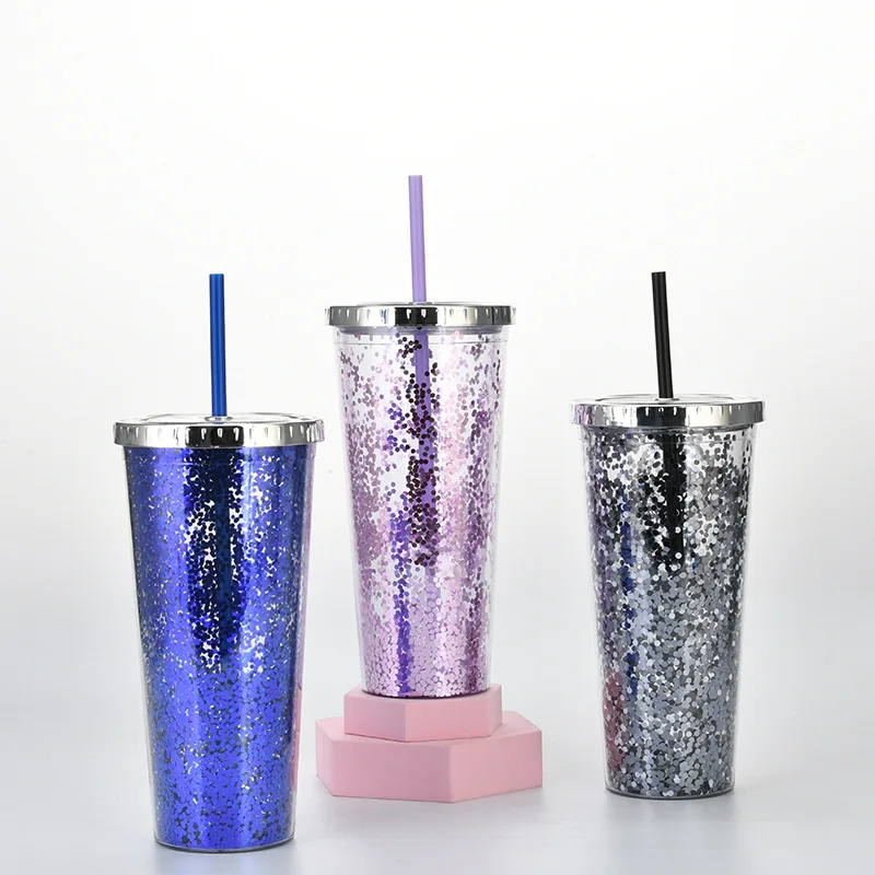 2022 new 24oz straw cup glitter water cup cold drink cup 20oz skinny tumbler clear double wall plastic with plating cover