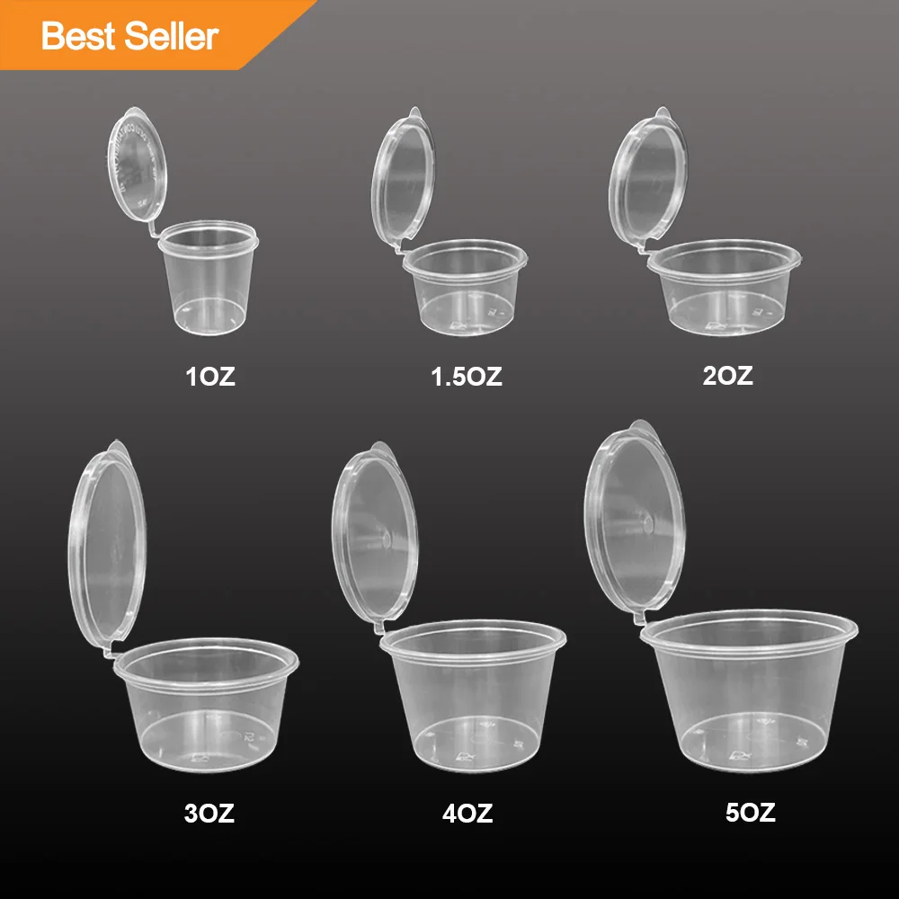 Hot Sale Disposable Restaurant Small Plastic Food Container Souffle Portion Container Sauce Cup With Hinged Lid