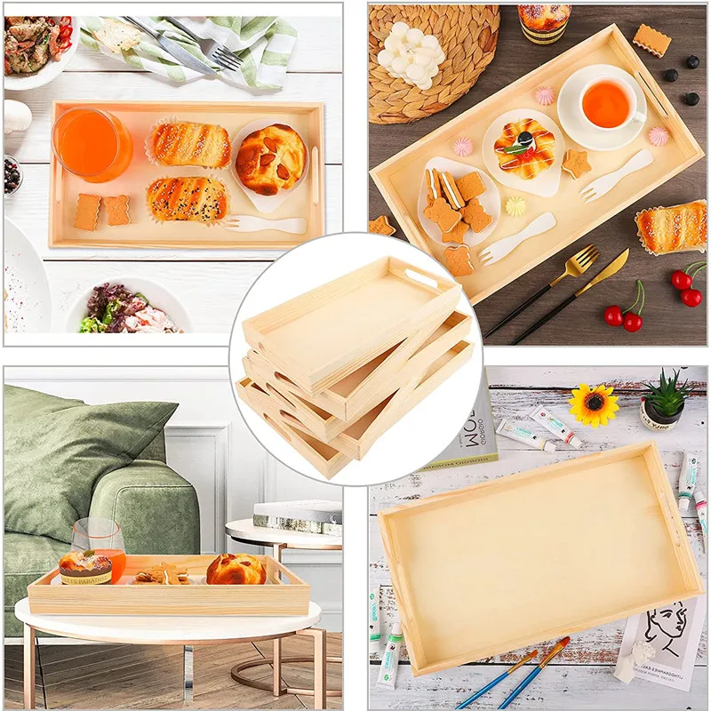 
Rectangle sofa arm bed tray table wood food tray with handle 