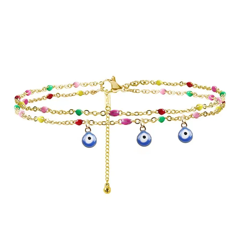 Wholesale Double Layer Colorful Bead Chain Turkey Blue Eyes Pendant Anklet Eye Foot Chain