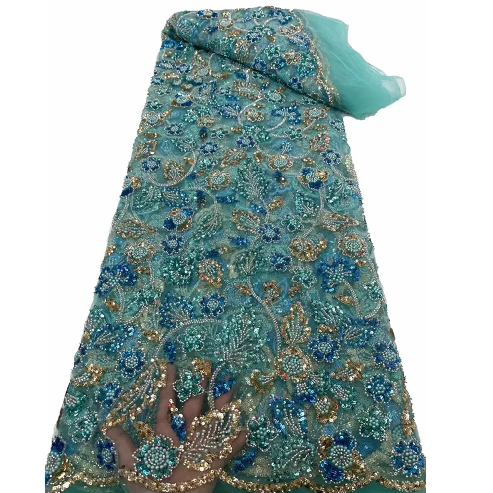 Luxurious Blue Handmade Bead Embroidery Lace Fabric French Embroidery Indian Saree Beaded Making Evening Dress