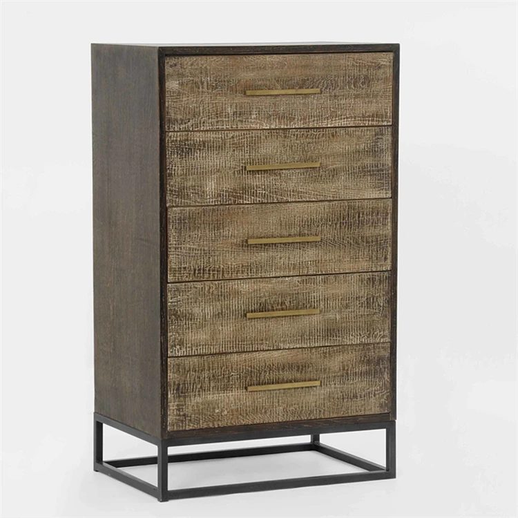 
Mordern Industrial Tallboy/ Chest Of Drawers Dark Wood With Decoration Iron Frame And Brass Handles 