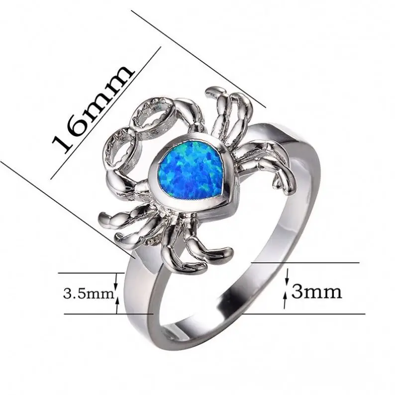 Wholesale August Rings Jewelry Women Silver Color Cute Animal Crab White/Blue Opal