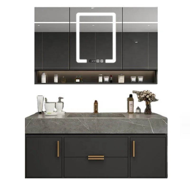 2024 New solid wood OEM rock panel countertop basin bathroom cabinet LED mirror storage cabinet ceramic basin