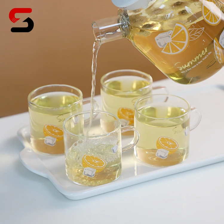 Glass Teapot Mugs Set, 30OZ/850ml Glass Tea Kettle with 4 Orange Tea Cups & Removable Infuser & Tea Warmer,