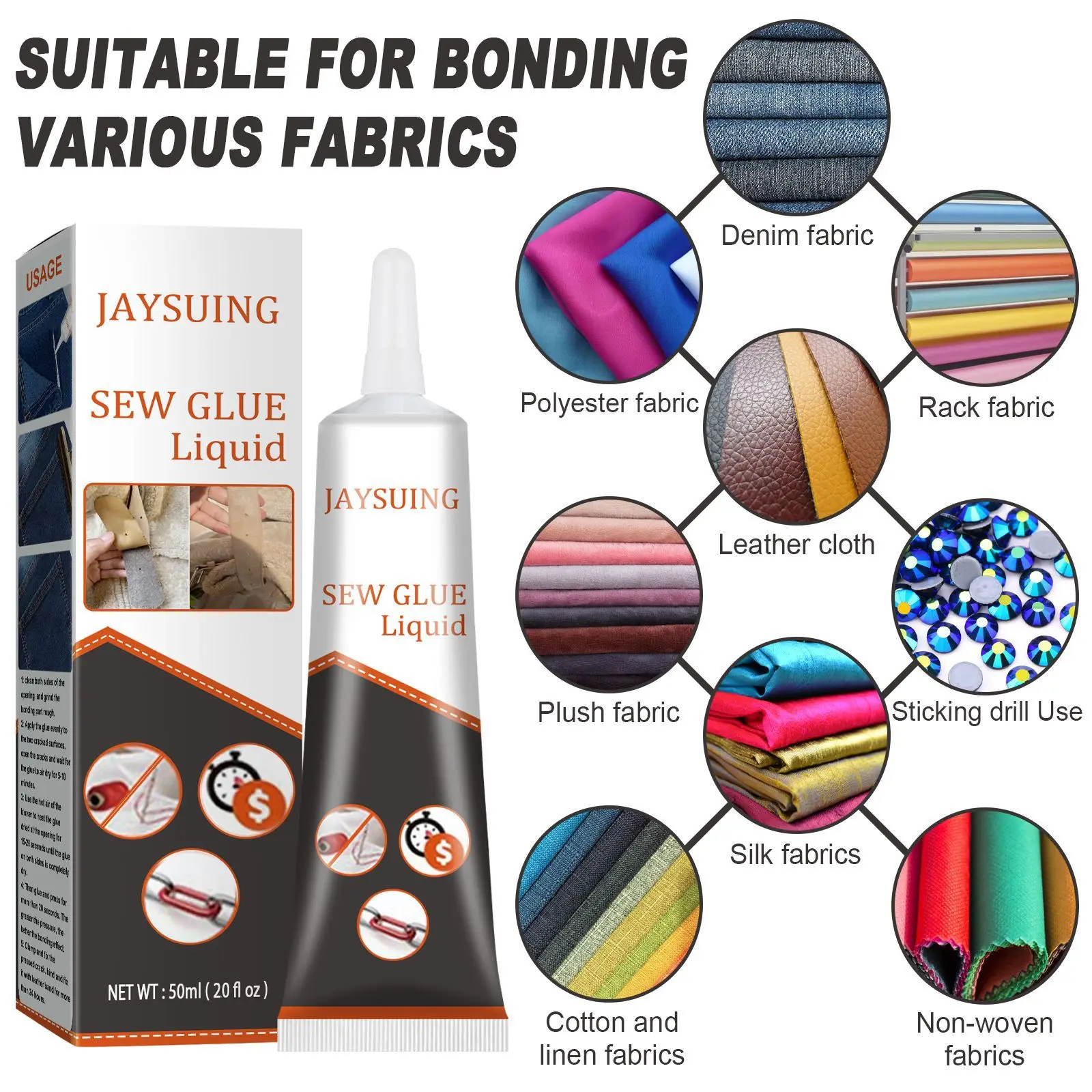 Jaysuing 50ML Waterproof Fabric Glue Effective Nylon Fabric Glue Easy To Use Adhesive Glue For Fabric
