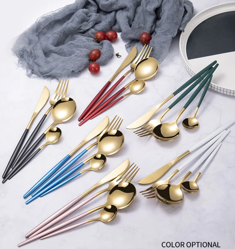 Luxury wedding inox golden flatware set stylish gold stainless steel knife fork and spoon flatware stainless steel cutlery