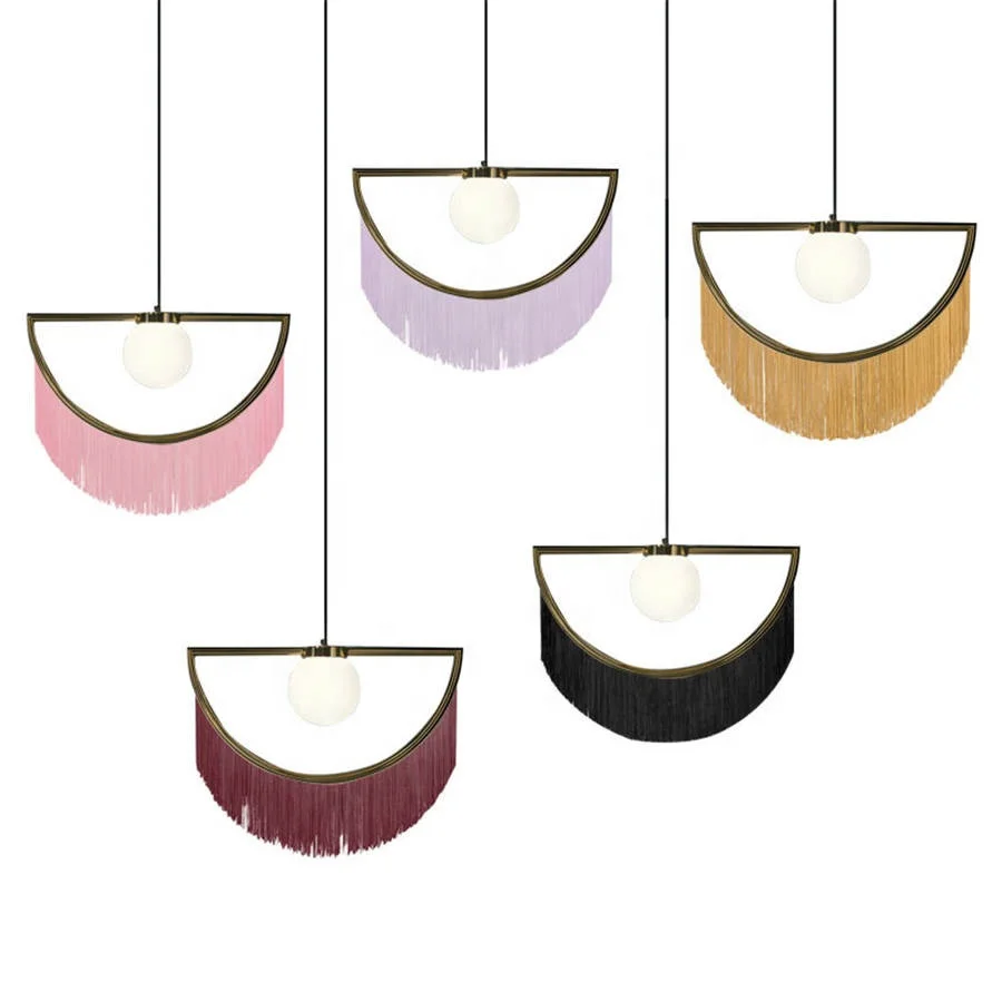 Fancy modern decorative fabric shade hanging lamp stylish dreamy pink tassel  fringe half pendant light for dining room