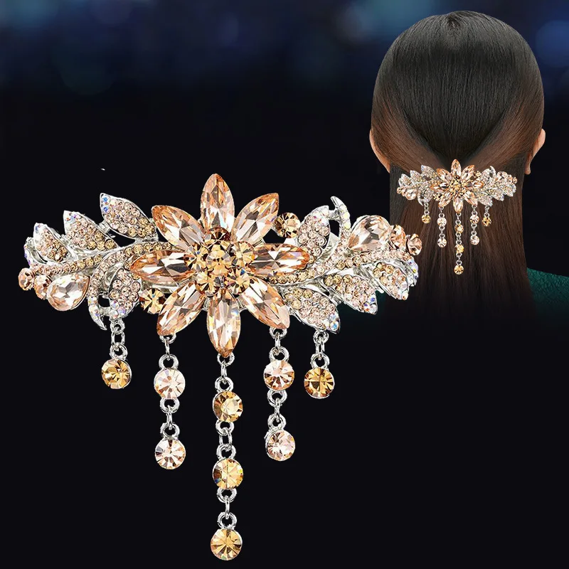 New Style Hair Clips Large Spring Clip Rhinestone Flower Headpiece Hair Clips Flower Gemstone Hair Accessories