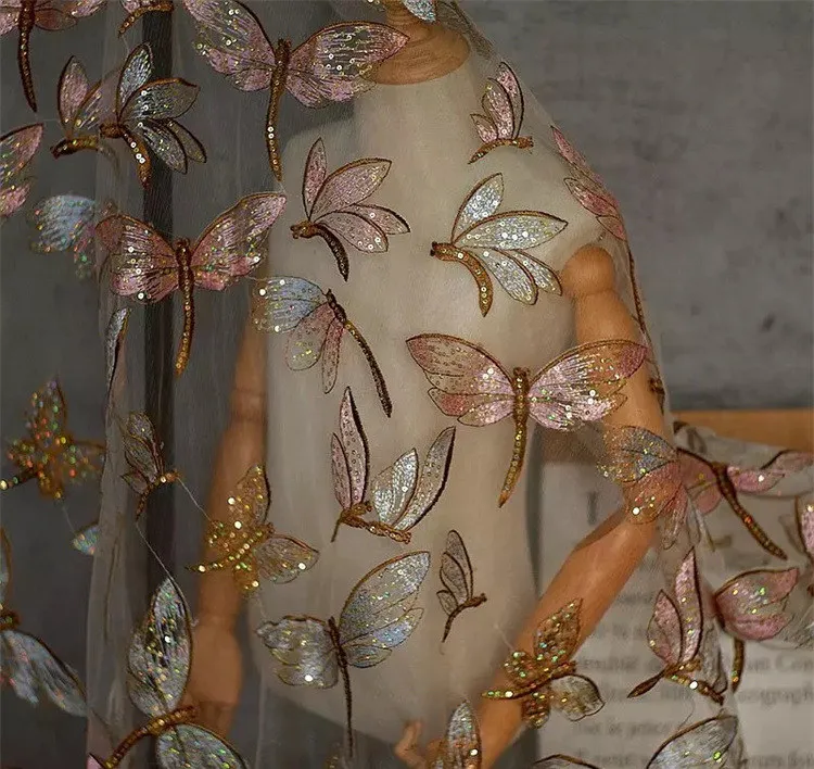 Polyester Austria Embroidery Textile Tulle Mesh Sequin Butterfly Lace Fabric Wholesale