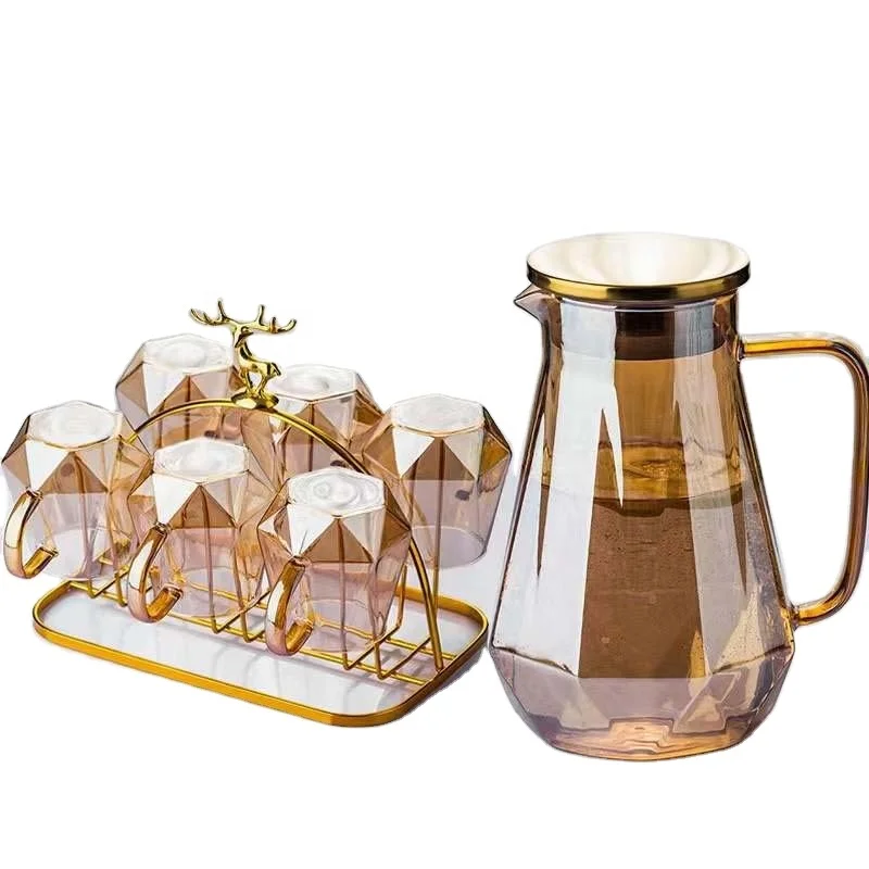 Large Capacity Diamond Glass Pitcher Sets with Lid and Handle for hot-cold water homemade juice and iced tea