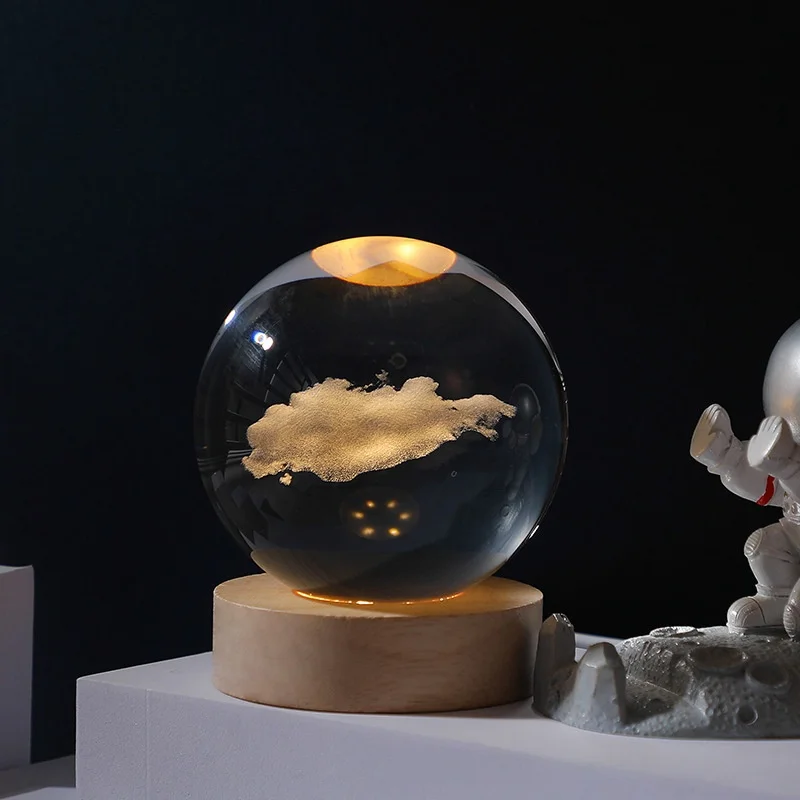 Wood Base 3D Galactic Solar System Ambient Unique Crystal Ball Light Led Night Light For Gift