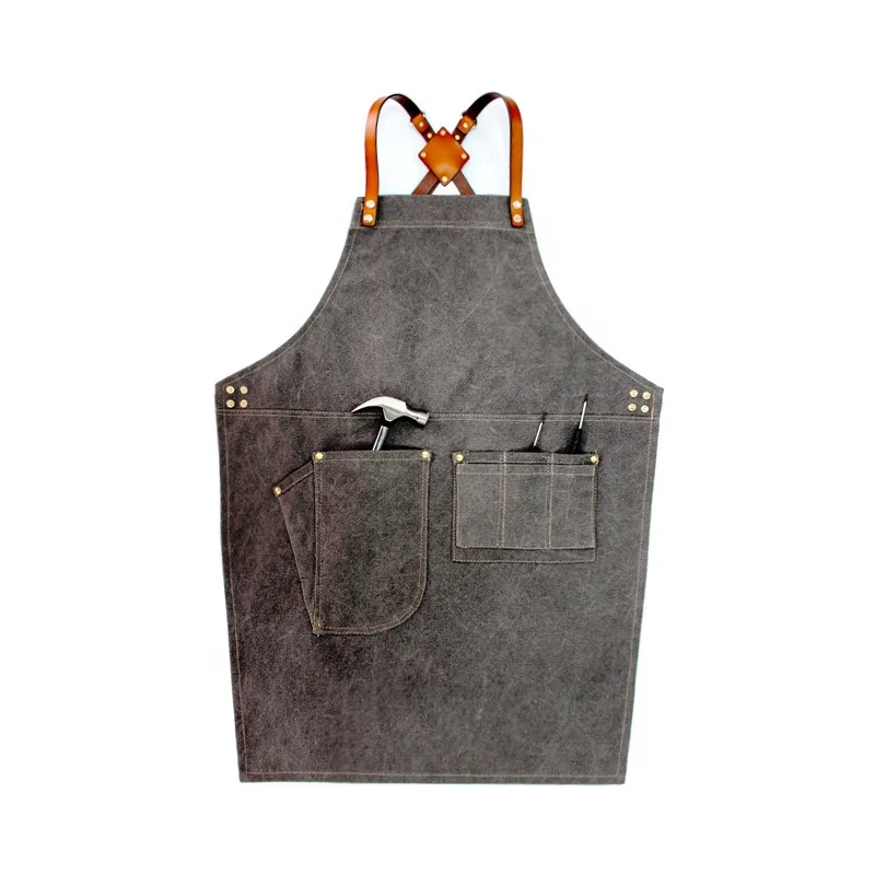 Fashion adult canvas kitchen leather shoulder strap brand apron custom logo bistro mesh aprons for compact spinning
