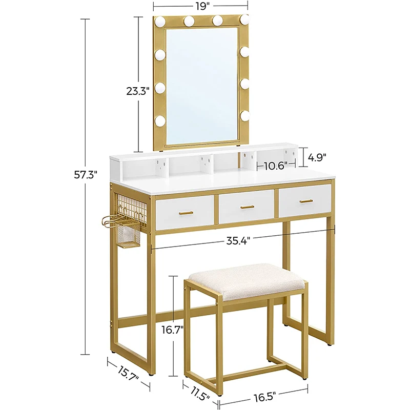 Classic Wood Designs Makeup Dressing Mirror Modern White And Gold Luxury Dressing Table With Led Mirror