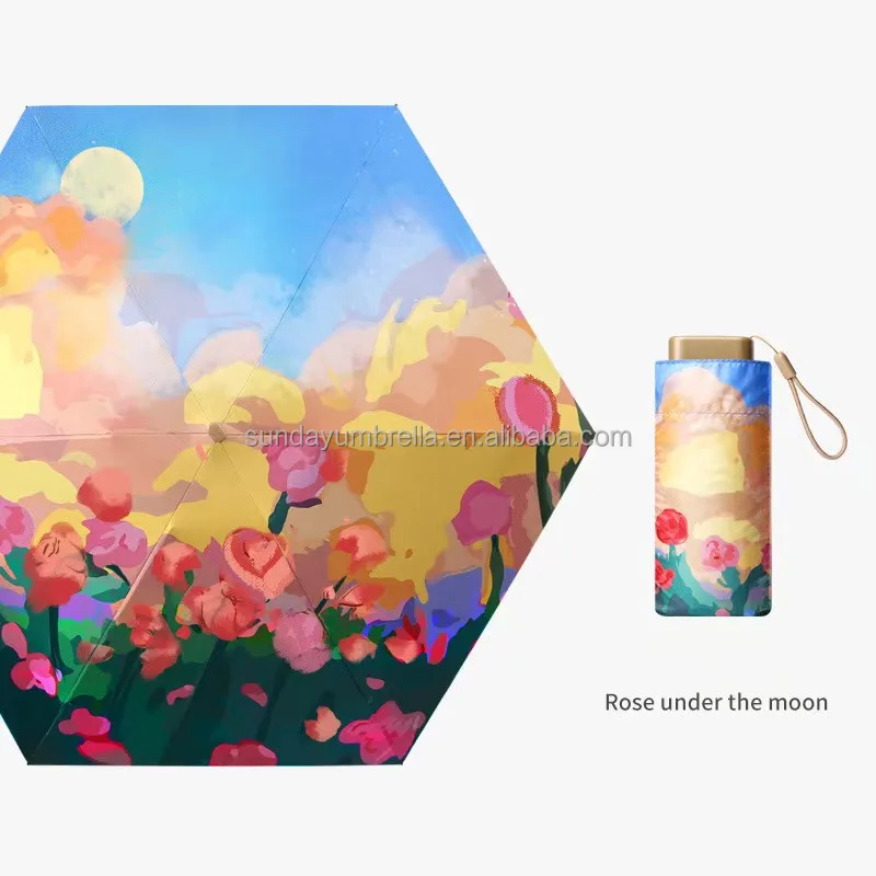 SD New Arrival 6-Folded Black Coating Umbrella Manual Oil Painting Design Pocket-Size Compact Parasol Adults Travel Wholesale