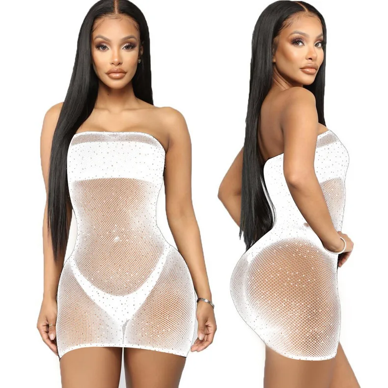 Europe and America Chest Wrap Bodystocking Products Large SizeVaqua Fishnet Rhinestone Fishnet Bodystocking Dress