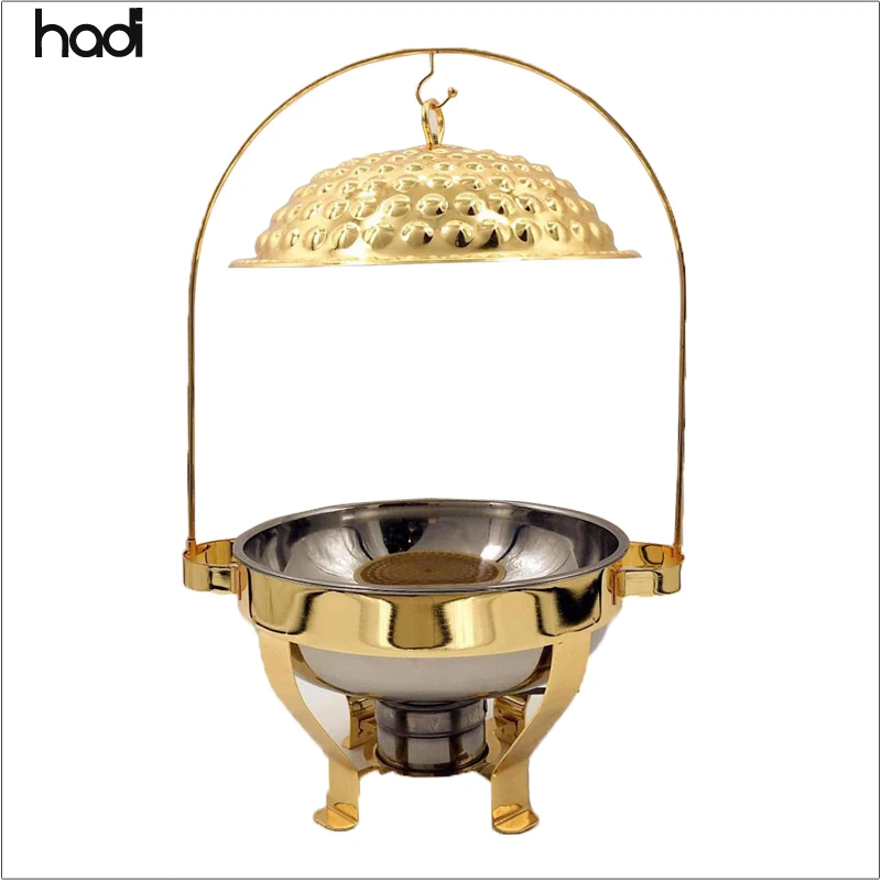 HADI stainless serving chafing dishes buffet stove set fancy gold food dome round chafing dish buffet hanging cover