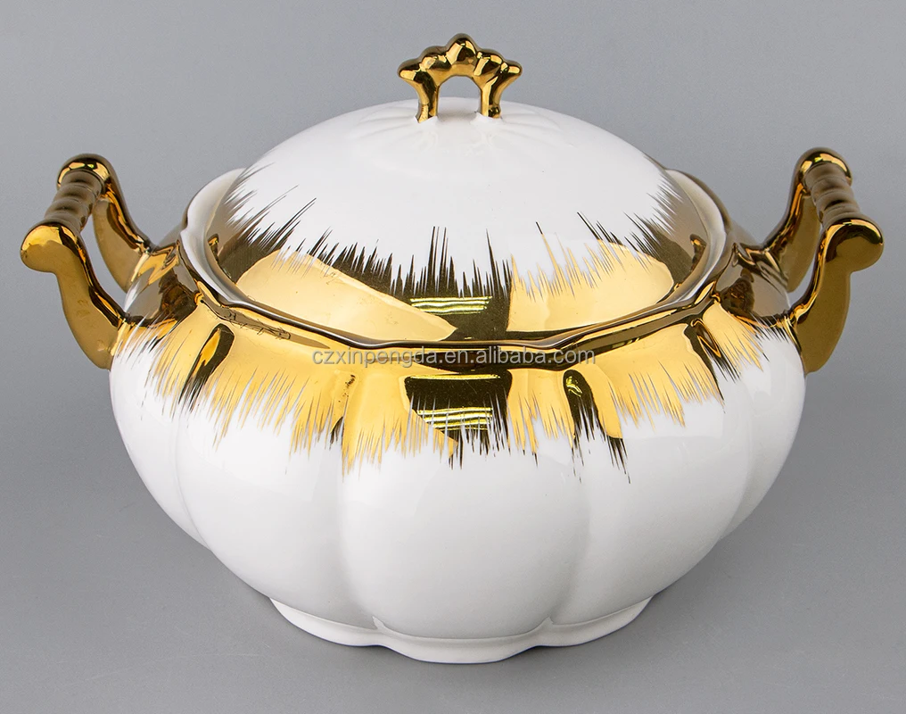 Square shape ceramic white soup tureen with lid with for promotional dinner set tureen with gold rim