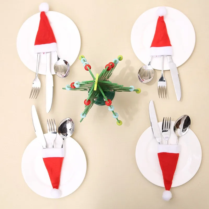 Christmas Festival table use Hat Knife and Fork Set Home Hotel Party Event Decorations Non-Woven Christmas Small Hat Decoration