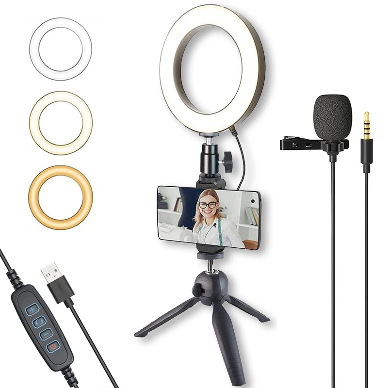 Hot sale 6inch Photographic Studio Video Lighting Vlog Kit Selfie Led ring light and collar clip microphone for YouTube Tik Tok