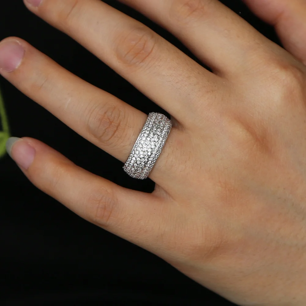 Promotion Us size 7 8 9 10 silver clear cubic zirconia sparking bling iced out men boy Cuban link chain engagement band ring