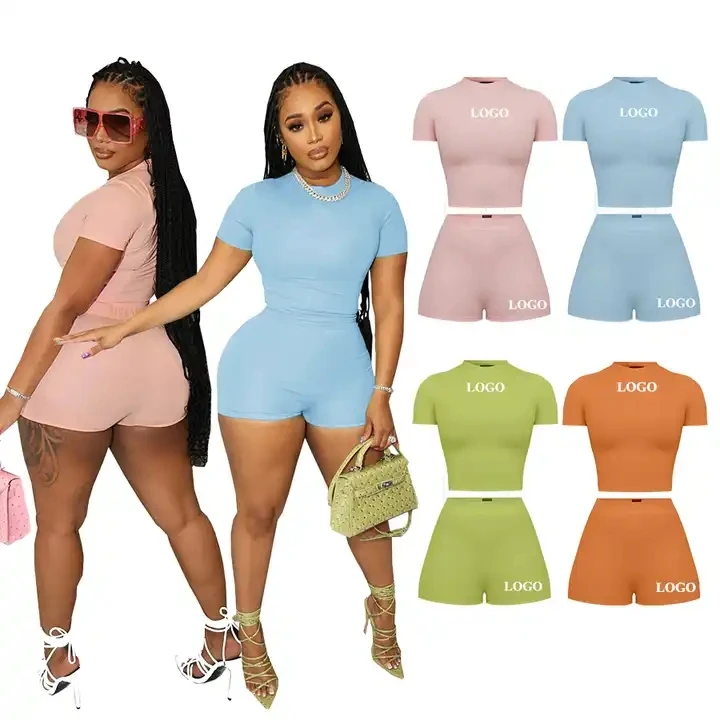 Summer 2023 Custom LOGO 2 Piece Shorts Outfits Women Solid Jogger Set T Shirt And Biker Short Set Two Piece Set Women Clothing