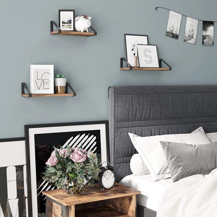 VASAGLE Living Room Bathroom Kitchen Industrial Rustic Brown Set of 3 Floating Shelf Wall Mounted Display Stand Wall Shelves