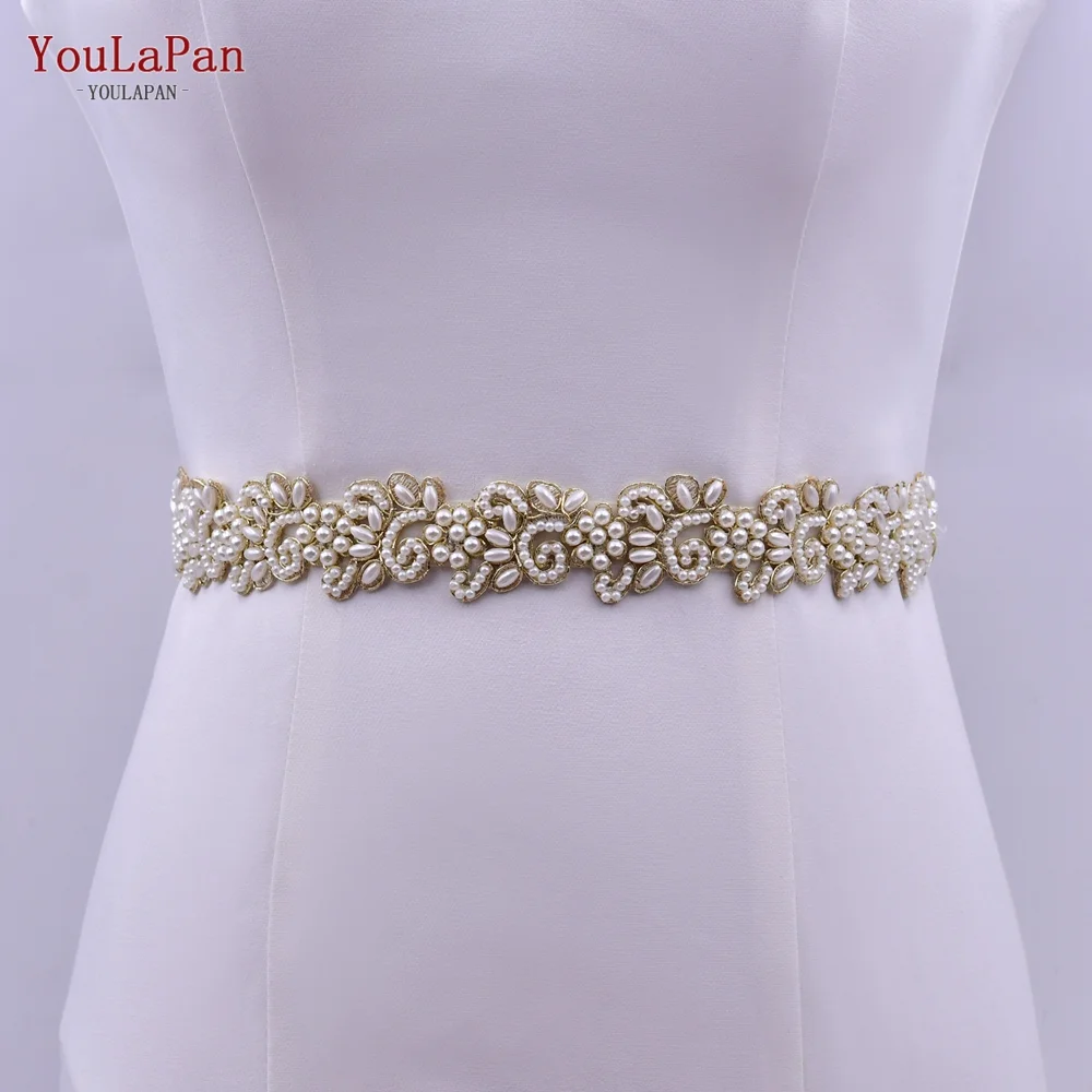 YouLaPan S412 High Quality Pearl Gold Thread Applique Belt Long Ribbon Prom Wedding Dress Waist Decoration Bridal Beaded Sash