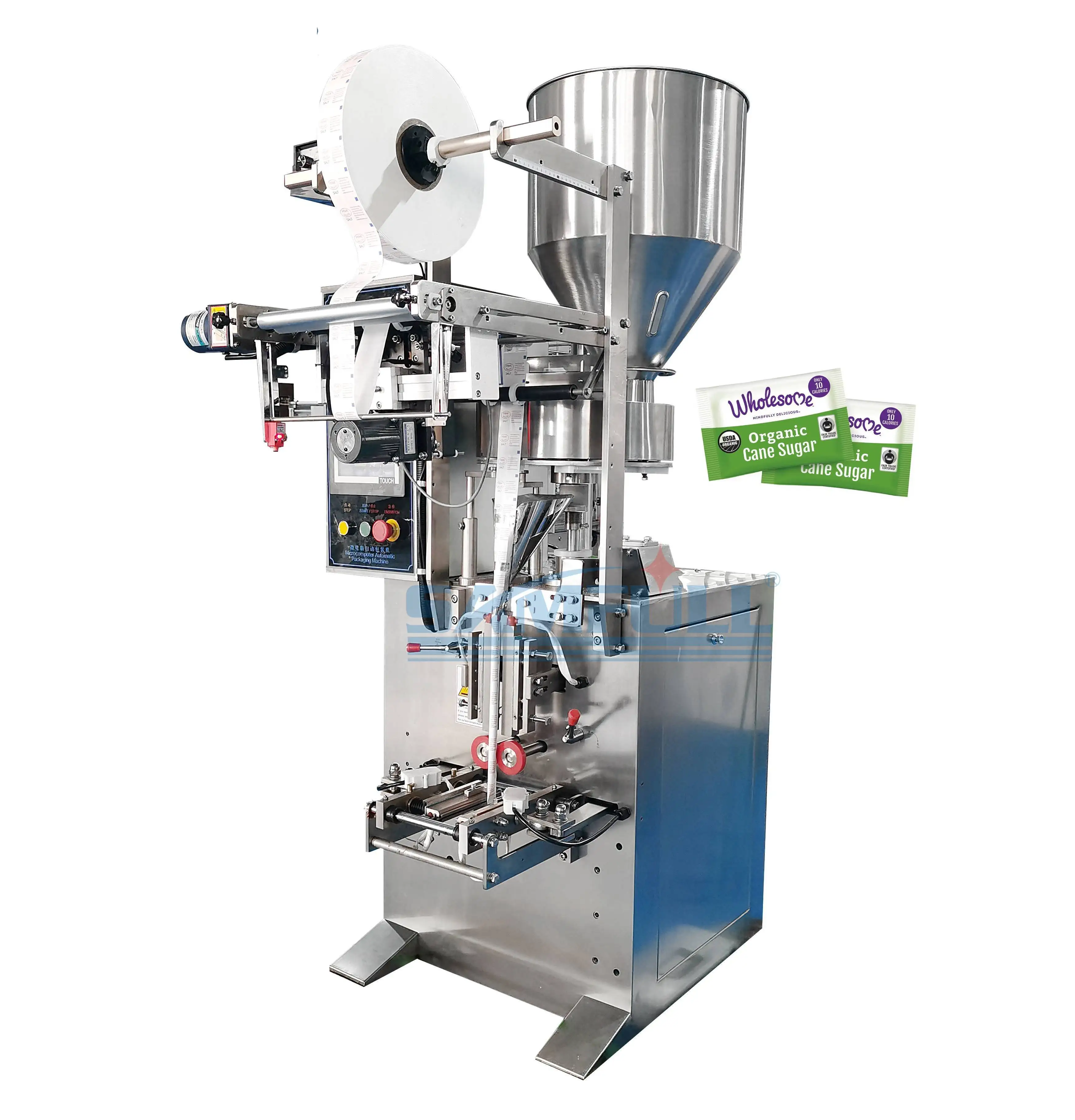 Fully automatic granule white cane sugar salt sachet vertical packaging machine high speed central seal stick filling machine
