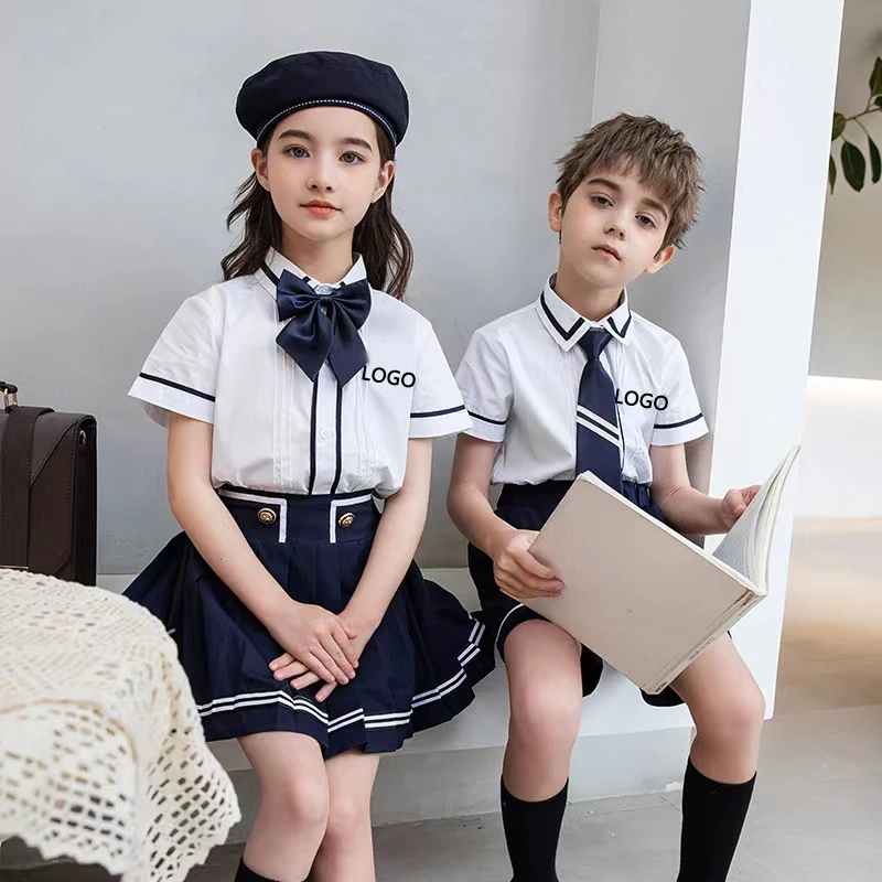 OEM Embroidered logo International Formal Primary School Uniforms Children Short Sleeve Boys Girls Kids School Uniform Sets